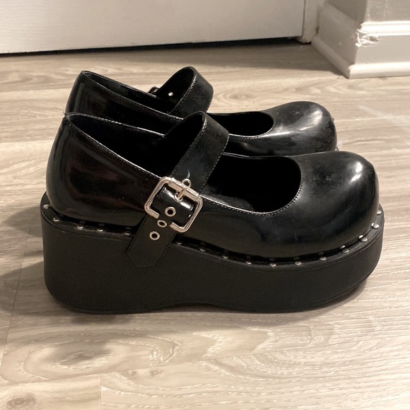 Black Mary Jane Style Platform Wedges Rounded Toe Size 8 - Picture 3 of 5